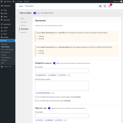 Page screenshot: SEO → Titles & Metas → Taxonomies