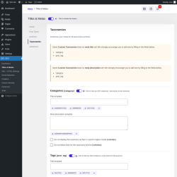 Page screenshot: SEO → Titles & Metas → Taxonomies
