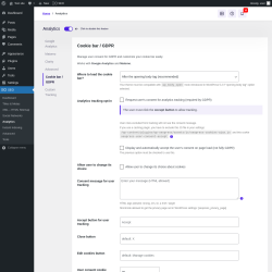 Page screenshot: SEO → Analytics → Cookie bar / GDPR