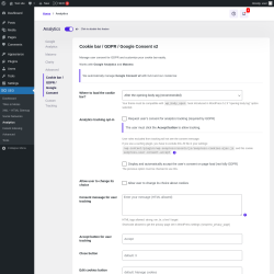 Page screenshot: SEO → Analytics → Cookie bar / GDPR / Google Consent