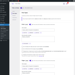 Page screenshot: SEO → Titles & Metas → Post Types