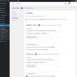 Page screenshot: SEO &rarr; Titles & Metas &rarr; Taxonomies