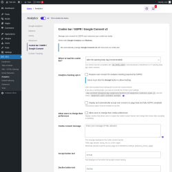 Page screenshot: SEO &rarr; Analytics &rarr; Cookie bar / GDPR / Google Consent