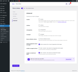 Page screenshot: SEO &rarr; Titles & Metas &rarr; Advanced