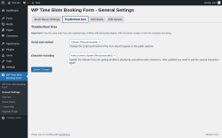 Page screenshot: WP Time Slots Booking Form → General Settings → Troubleshoot Area