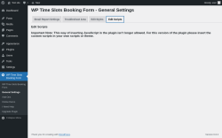 Page screenshot: WP Time Slots Booking Form → General Settings → Edit Scripts