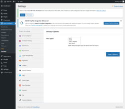 Page screenshot: User Frontend → Settings →  Privacy Options