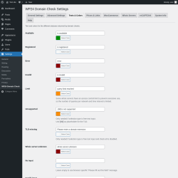 Page screenshot: Settings → WP24 Domain Check → Texts & Colors