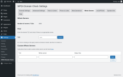 Page screenshot: Settings → WP24 Domain Check → Whois Servers
