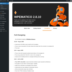 Page screenshot: Dashboard → WPeMatico About → 
				Changelog			