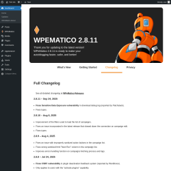 Page screenshot: Dashboard → WPeMatico About → 
				Changelog			