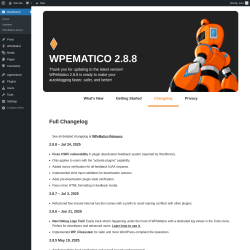 Page screenshot: Dashboard → WPeMatico About → 
				Changelog			