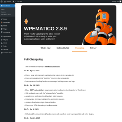 Page screenshot: Dashboard → WPeMatico About → 
				Changelog			