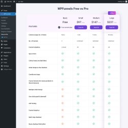 Page screenshot: WPFunnels → Free vs Pro