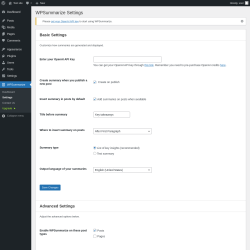 Page screenshot: WPSummarize → Settings