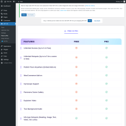 Page screenshot: WP VR → Free vs Pro