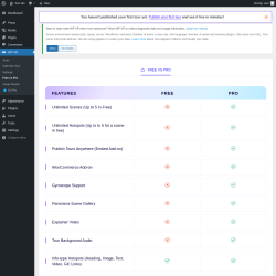 Page screenshot: WP VR &rarr; Free vs Pro