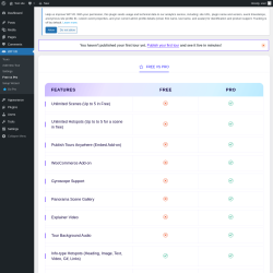 Page screenshot: WP VR &rarr; Free vs Pro