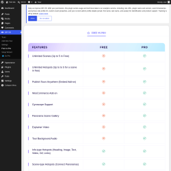 Page screenshot: WP VR &rarr; Free vs Pro