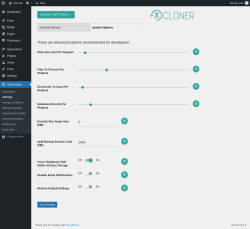 Page screenshot: Site Backup → Settings → System Options                    